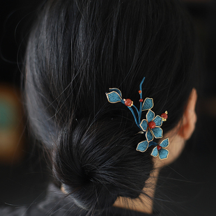 古风蓝色绒布发钗仿绒花汉服盘发头饰玛瑙旗袍配饰清汉女秀禾发饰