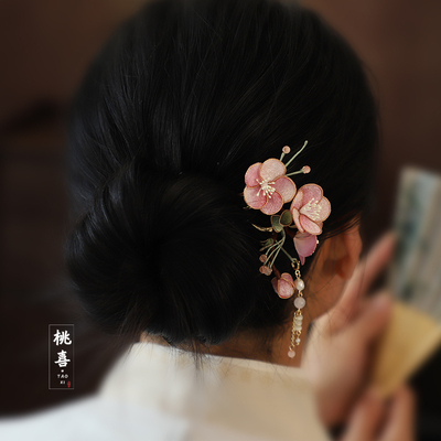 粉色桃花发梳古风汉服头饰发插新中式国风旗袍盘发丸子头绒布发簪