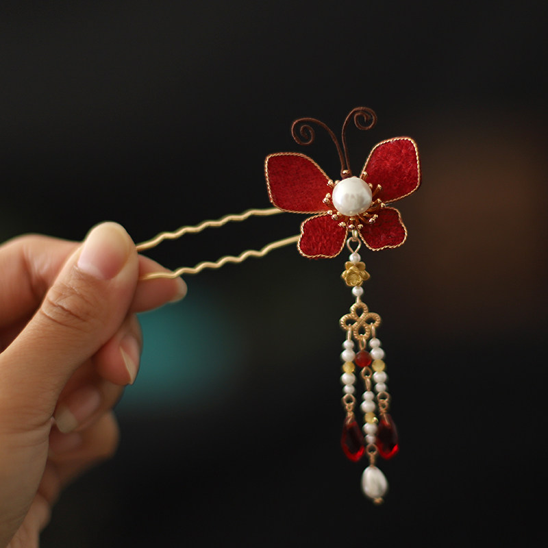 红色绒布蝴蝶发簪古风汉服头饰发饰旗袍配饰u型簪子新娘秀禾头饰,饰品/流行首饰/时尚饰品新,发饰,淘宝优惠券,粉丝福利购,淘宝优惠卷