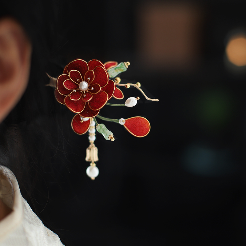 红色簪花新中式新娘头饰秀禾服订婚旗袍配饰掐丝古风流苏U型发簪