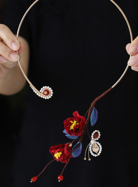 原创布艺花朵新中式项圈珍珠蝴蝶锁骨链小众璎珞项圈新年气质饰品