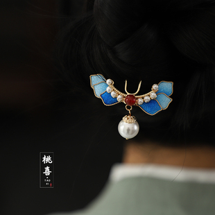 蓝色绒布古风汉服发饰发簪红色珍珠新中式旗袍簪子头饰清汉女配饰