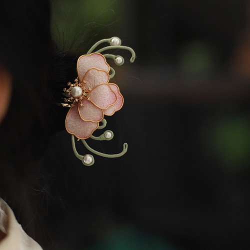 掐丝蝴蝶兰发梳插梳粉色古风发饰汉服花朵钗子新中式旗袍秀禾配饰