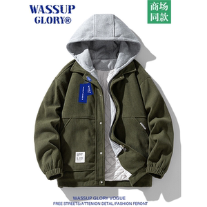 WASSUP GLORY灯芯绒棉服男冬季加厚防寒服保暖连帽棉衣假两件外套