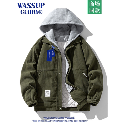 WASSUP GLORY灯芯绒棉服男冬季加厚防寒服保暖连帽棉衣假两件外套