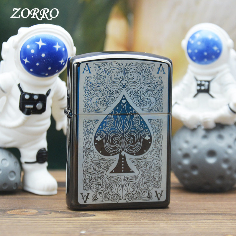 包邮ZORRO佐罗创意个性双面精雕黑冰黑桃A砂轮煤油打火机男士礼品