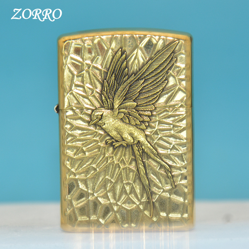 包邮ZORRO佐罗个性创意黄铜3D浮雕蜂鸟砂轮防风煤油打火机送礼