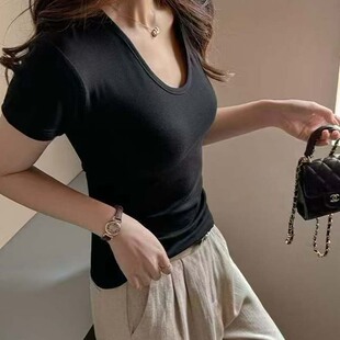 正肩大U领口短袖女t恤2026夏季新款修身显瘦纯白色质感百搭小上衣