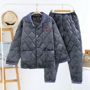 夹棉男士冬季珊瑚绒加厚加绒可外穿睡衣法兰绒保暖加大家居服套装