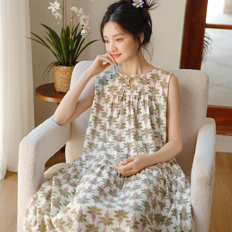 夏季无袖睡衣女森系纯棉纱布宽松可外穿家居服连衣裙睡裙背心裙