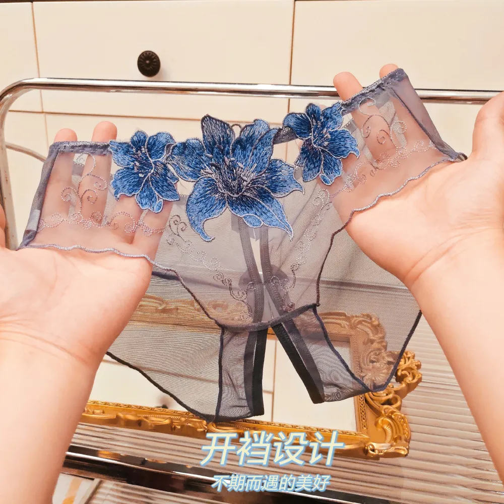 夏季薄款刺绣镂空开档网纱透明性感内裤女无痕低腰新品