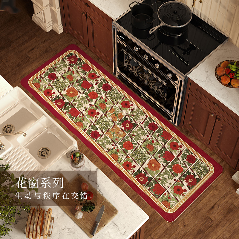 范居态度花窗新年红色喜庆厨房满铺防水防油防滑地垫长条皮革定制