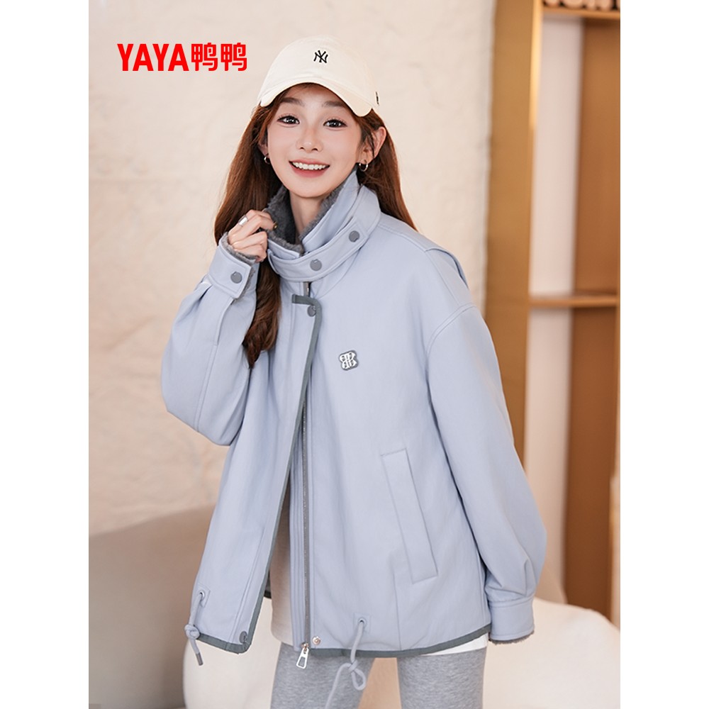 鸭鸭皮衣羽绒服夹克女短款2025年冬季新款立领时尚设计感防风外套