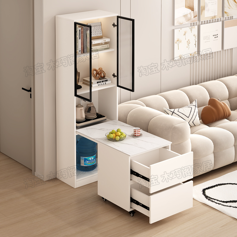 奶油风实木边几岩板沙发边柜侧边柜简约高级可移动储物收纳茶几柜