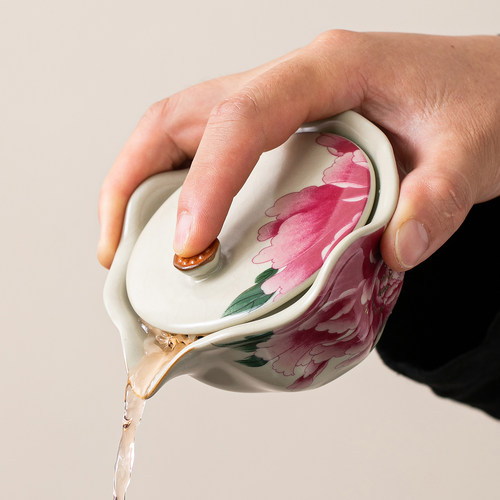 汝窑牡丹陶瓷手抓壶家用泡茶壶