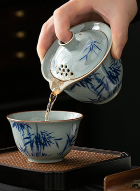 快客杯一壶一杯单个人专用手抓泡茶壶茶杯简易汝窑青花瓷茶具套装