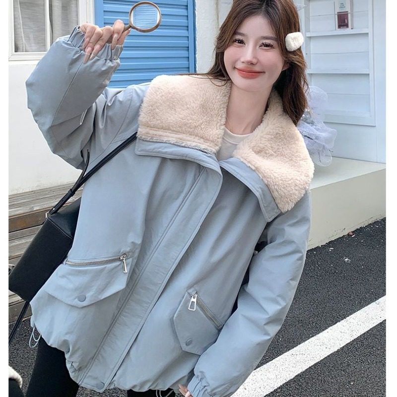 时尚羊羔毛娃娃领韩版冬新款棉衣服小个子宽松工装派克服短外套女
