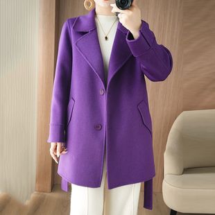 高端翻领毛呢大衣女中款2025秋冬新款腰带纯羊毛双面呢外套小个子