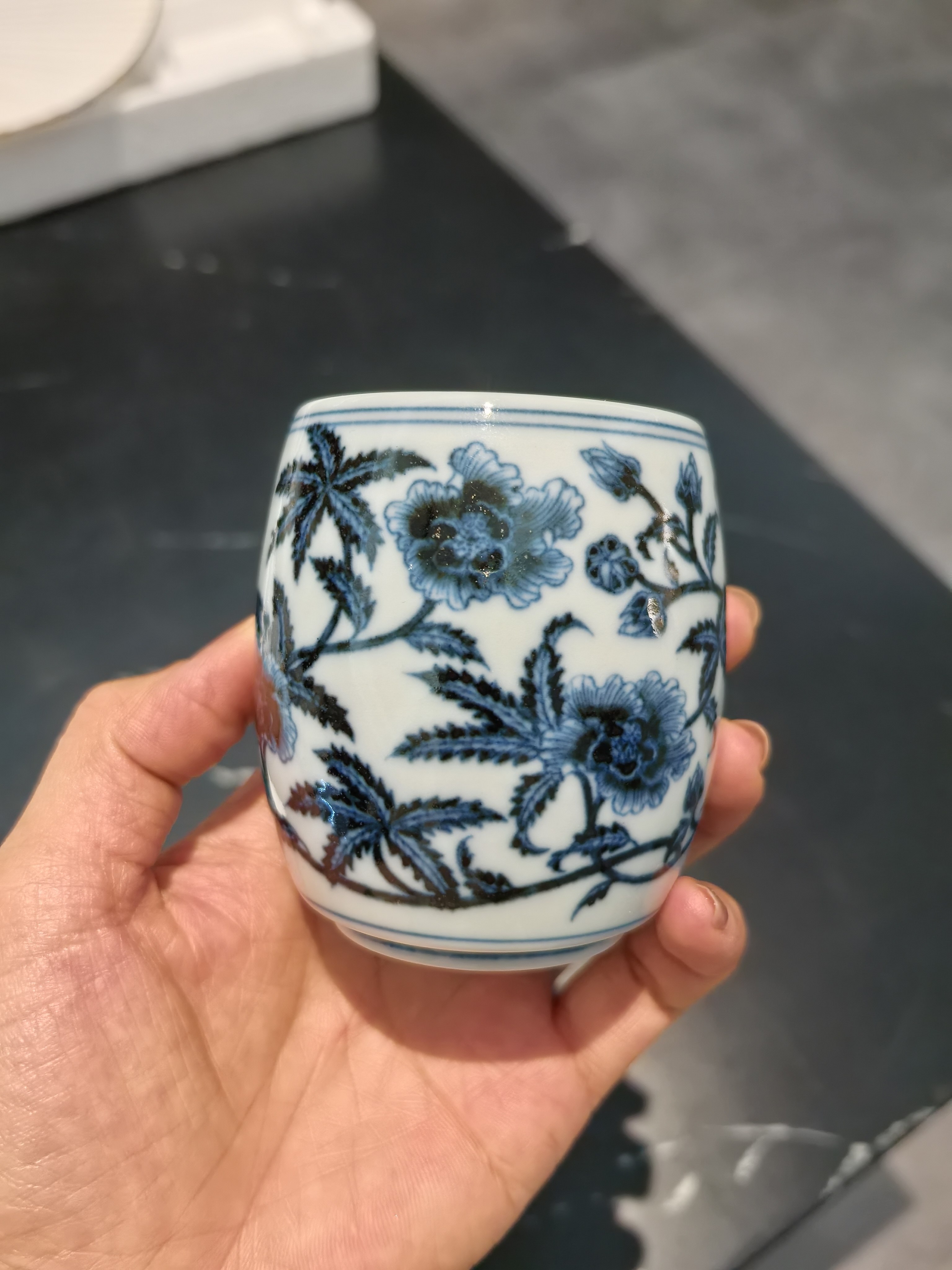 春风祥玉青花秋葵鼓腰杯萱草百合品杯主人杯单杯景德茶杯品茗盖碗图片
