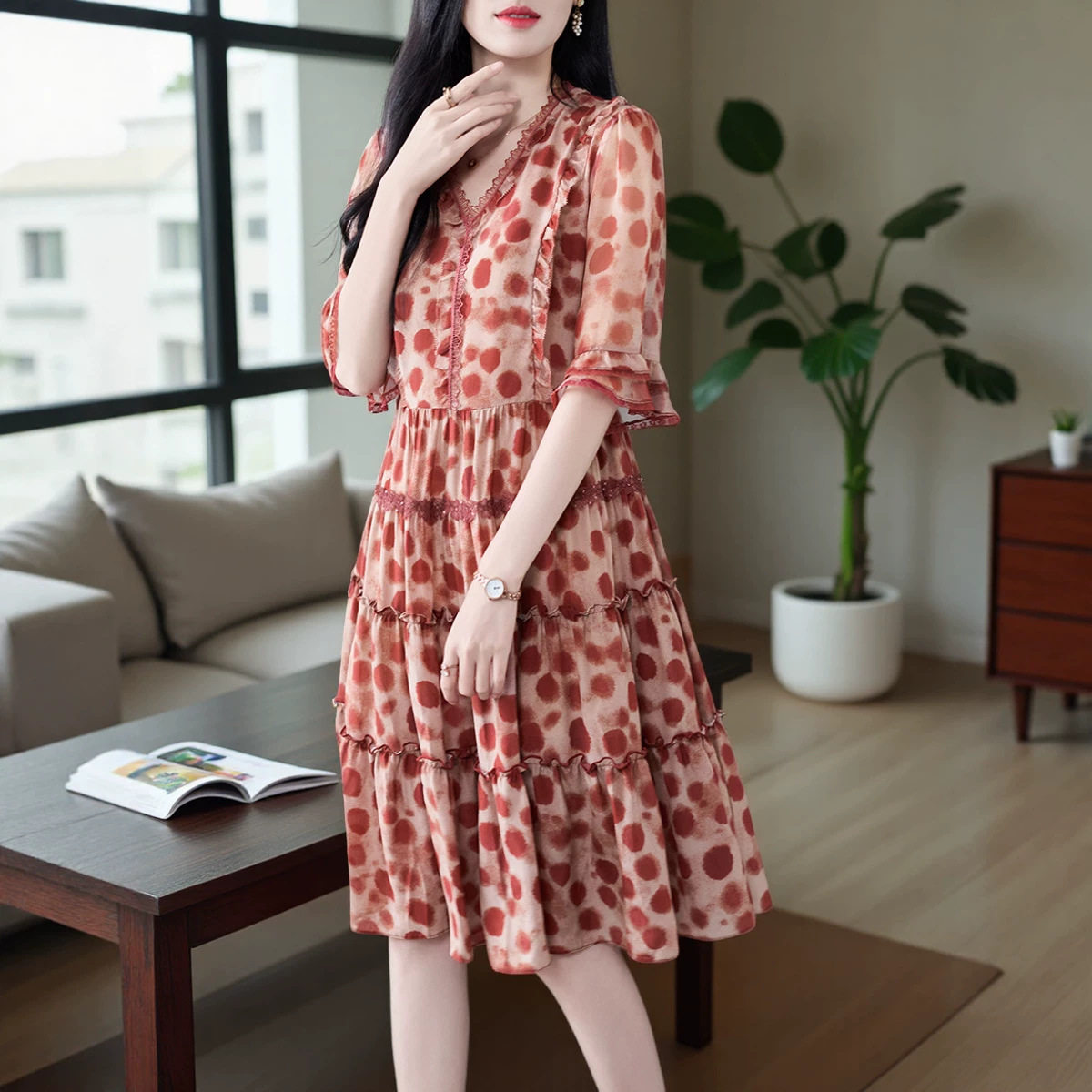 重磅真丝连衣裙女小个子100%桑蚕丝酒红色波点收腰裙子气质百搭