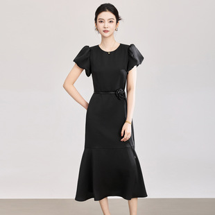 南油高货泡泡袖山茶花腰带鱼尾摆气质修身连衣裙女夏新款优雅丽质