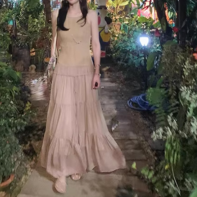 ASM A温柔设计感海边坑条针织+轻薄圆领无袖修身长款连衣裙女气质