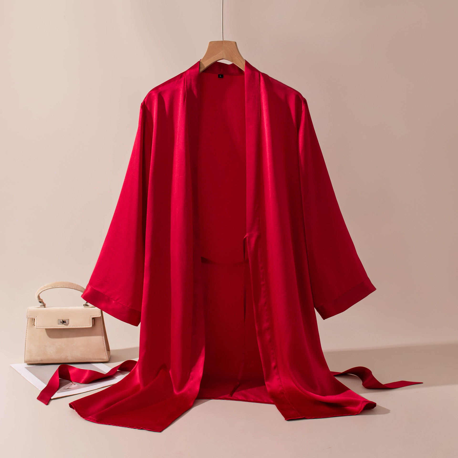 本命年红色真丝睡袍女婚礼晨袍性感真丝丝绸睡衣法式家居服极简潮