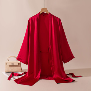 本命年红色真丝睡袍女婚礼晨袍性感真丝丝绸睡衣法式家居服极简潮