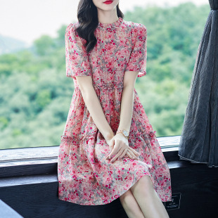 现货发夏日绝美漂亮印花真丝桑蚕丝小个子宽松木领时尚短袖连衣裙