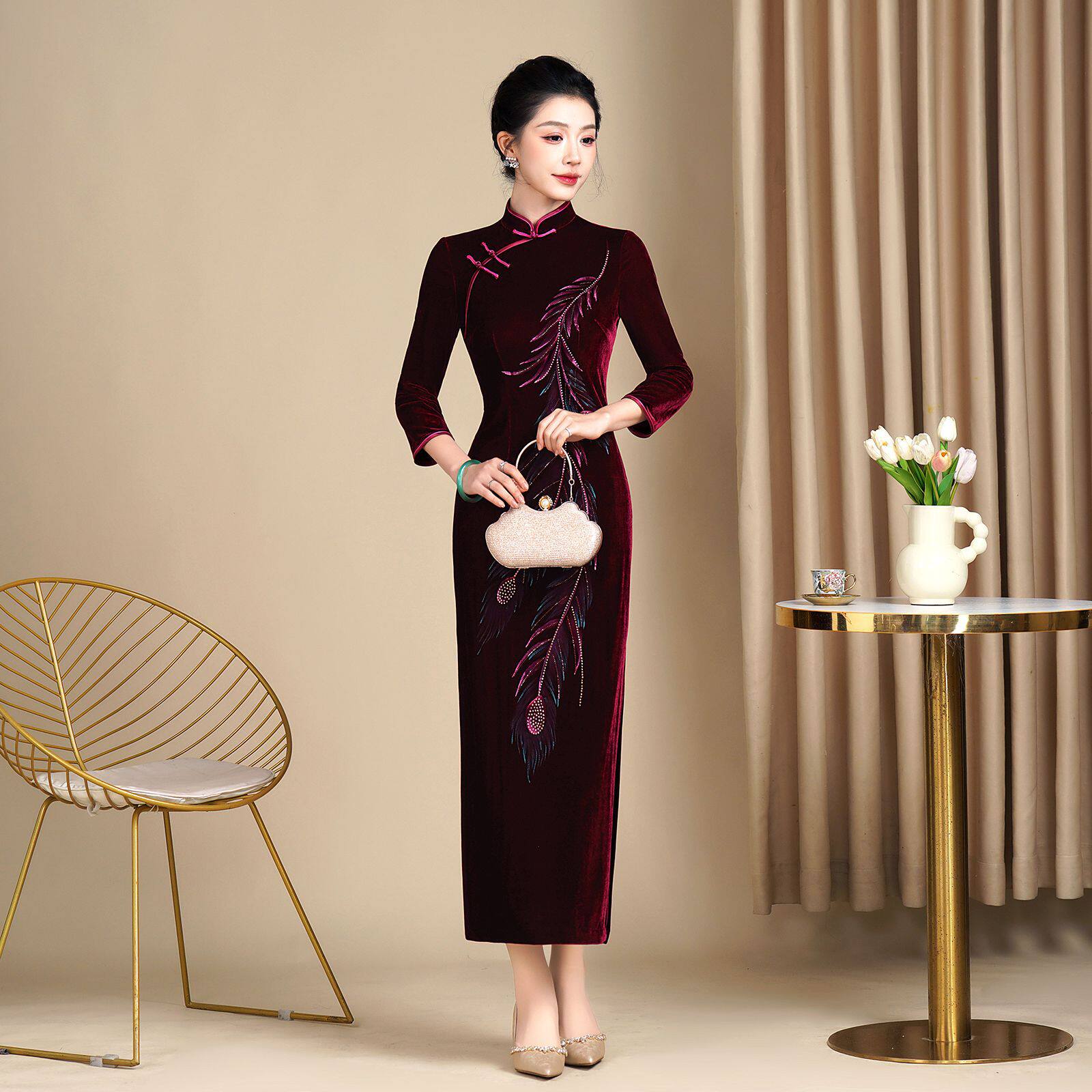 高端喜婆婆婚宴装旗袍2026新款中老年春秋装长款礼服金丝绒旗袍裙