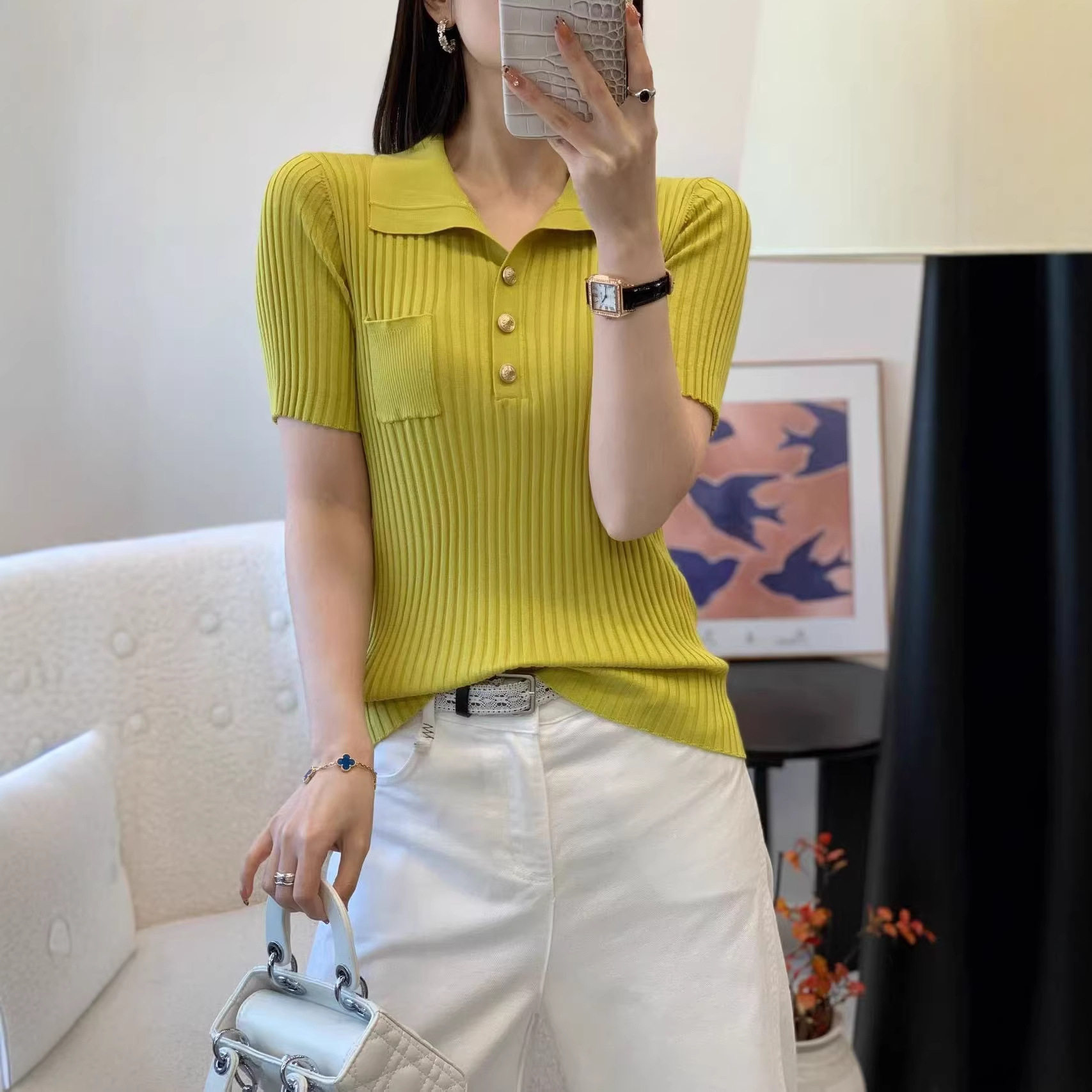 短袖上衣女春款女装2026新款翻领桑蚕丝针织衫打底衫百搭气质t恤