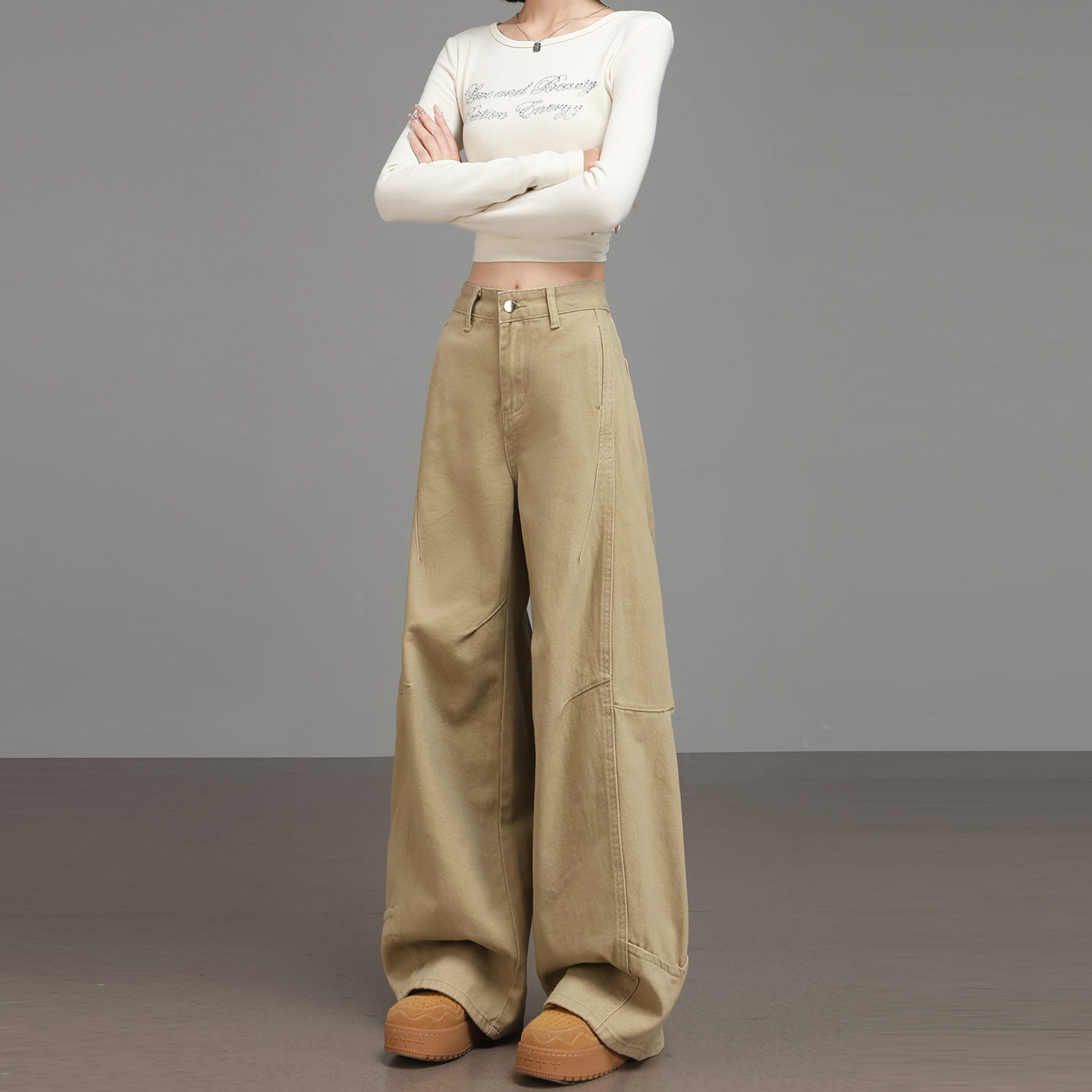 卡其色牛仔裤女春秋季2025新款美式超好看工装裤子宽松直筒阔腿裤