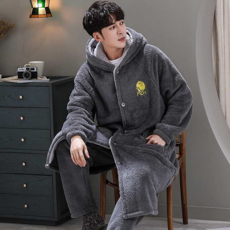 睡袍男秋冬季珊瑚绒加绒加厚加长款睡衣法兰绒男士浴袍家居服套装
