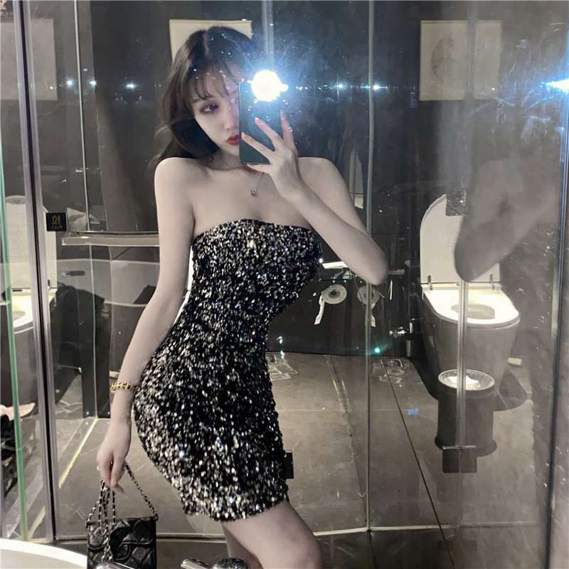 法式洋气名媛气质连衣裙礼服性感抹胸超仙bling夜店闪闪亮片裙子