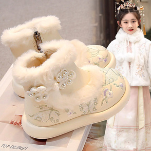 官网C&K女童汉服鞋儿童绣花鞋冬季新款小女孩古风加绒保暖雪地靴