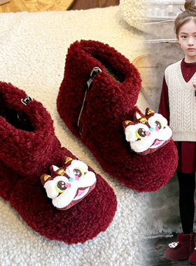 官网C&K红色女童雪地靴2025新款冬季儿童毛毛鞋加厚保暖新年棉鞋