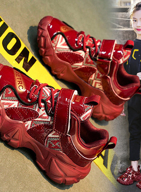 官网C&K红色鞋子女童运动鞋2026新款春季时尚儿童软底老爹鞋女孩