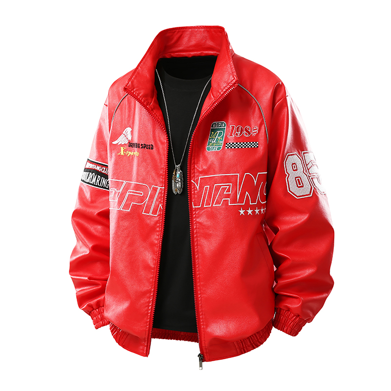男生皮衣红色机车PU皮立领休闲赛车服街头潮牌皮外套男装2025新款