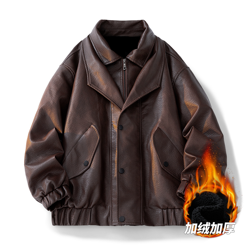 男生翻领皮夹克外套秋冬季加绒加厚保暖潮流百搭帅气机车服皮衣