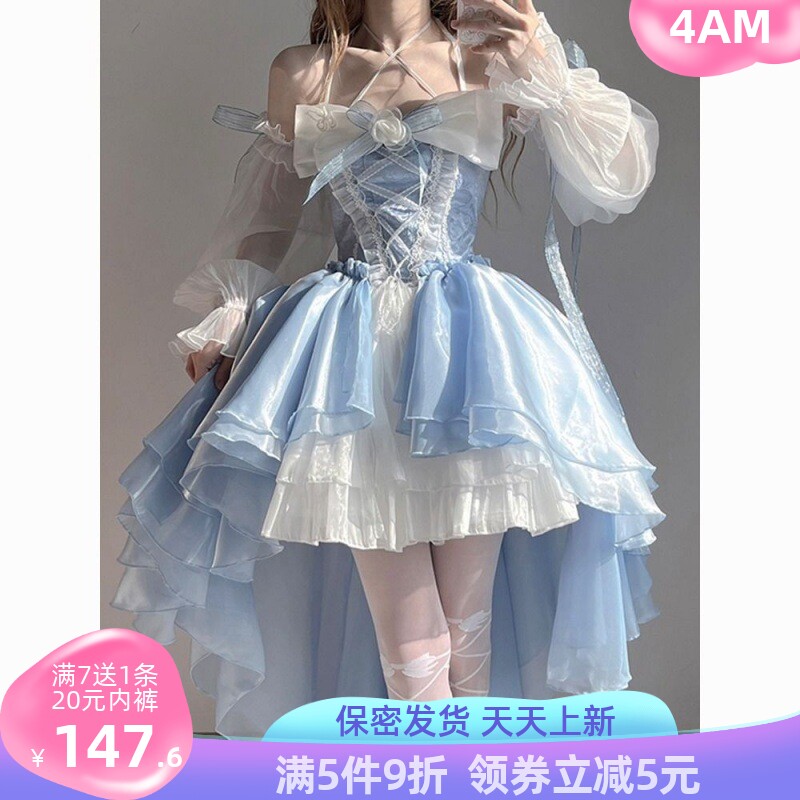 蓝色lolita连衣裙洋装设计前短后长花嫁重工大蝴蝶结拖尾公主裙子
