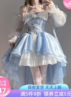 蓝色lolita连衣裙洋装设计前短后长花嫁重工大蝴蝶结拖尾公主裙子