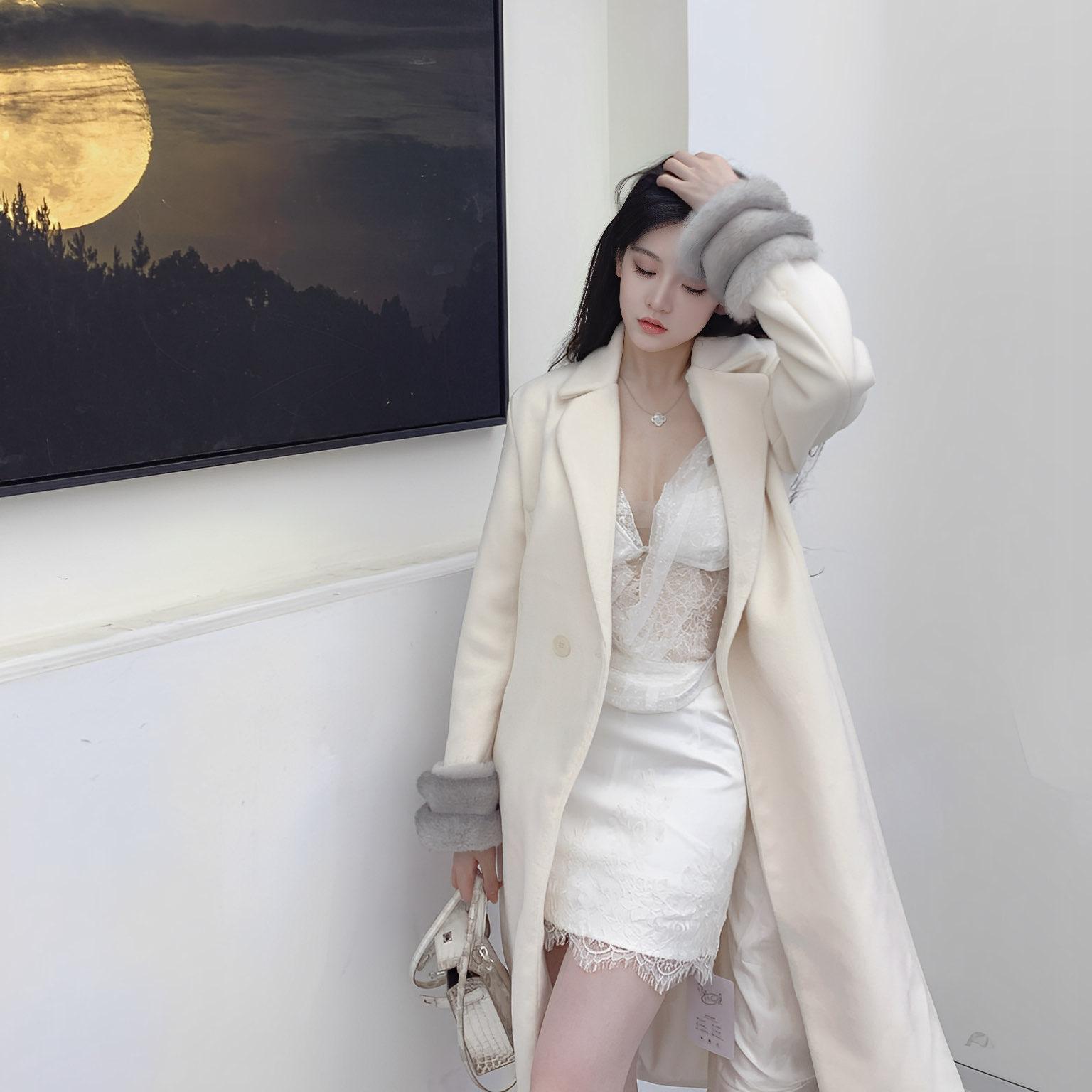 Nane南一自制款 偷偷藏不住 高级毛呢毛领大衣+蕾丝包臀裙套装