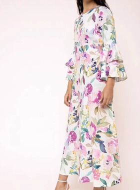 清仓KA@CHEL棉麻文艺风荷叶袖长款连衣裙秋款甜美通勤度假休闲