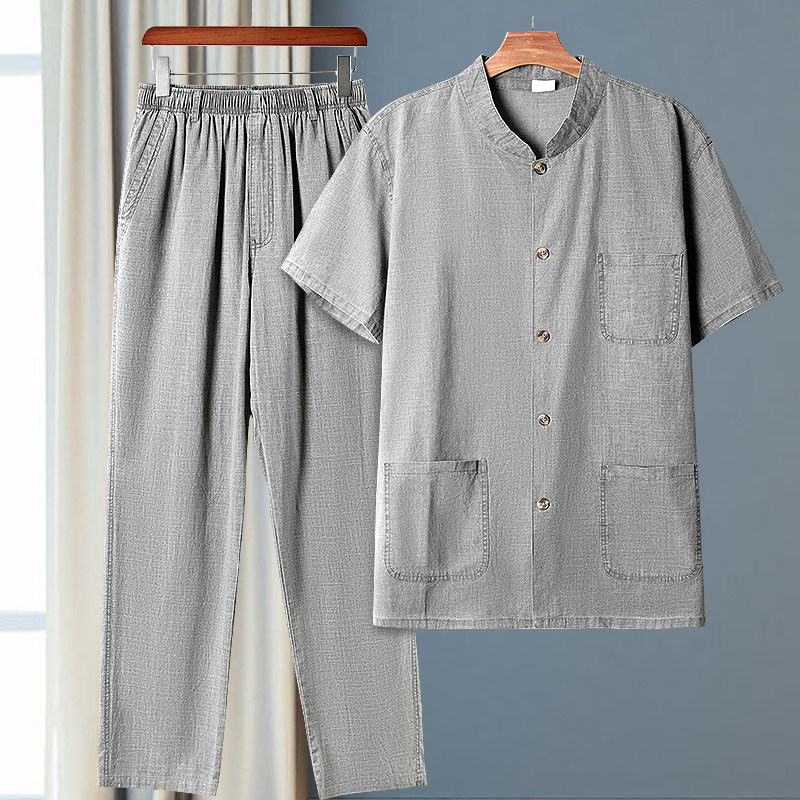 아빠 여름 정장 남성 여름 린넨 코튼 린넨 반팔 셔츠 바지 원피스 투피스 세트 중장년 캐주얼