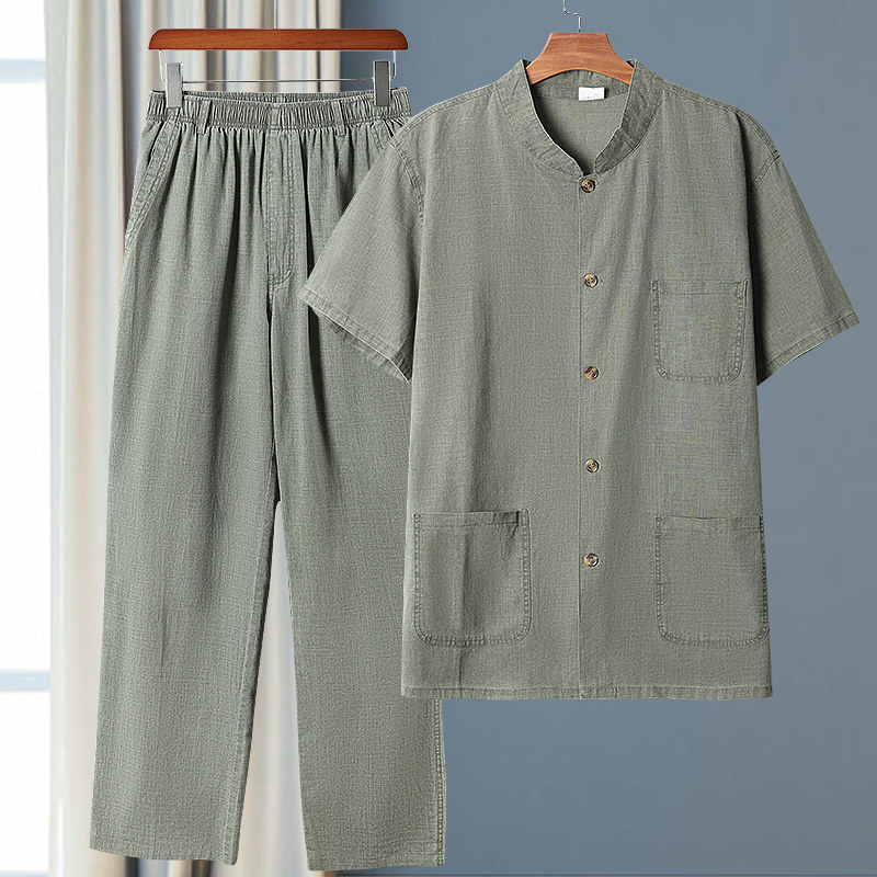아빠 여름 정장 남성 여름 린넨 코튼 린넨 반팔 셔츠 바지 원피스 투피스 세트 중장년 캐주얼