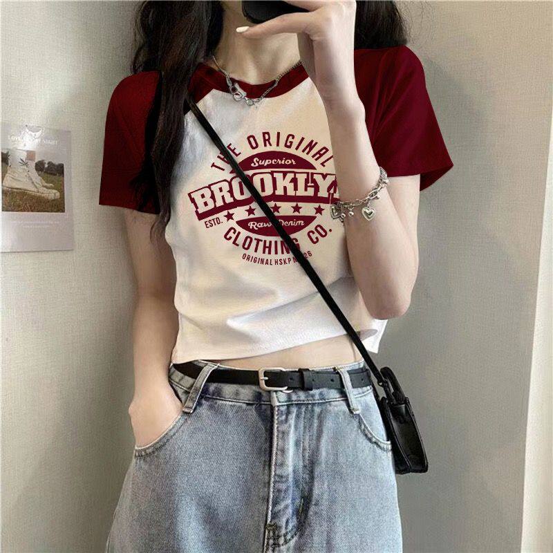 100%纯棉欧货白色短袖正肩T恤女短款夏季2024新款修身撞色上衣ins