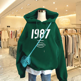 墨绿色1987春秋薄款连帽卫衣女2022新款欧货大版加绒加厚外套上衣