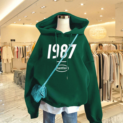 墨绿色1987春秋薄款连帽卫衣女2022新款欧货大版加绒加厚外套上衣