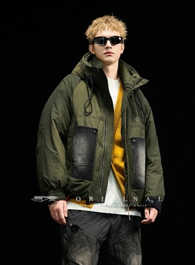 百搭短款羽绒服男冬季美式潮牌牛仔拼接宽松保暖高街加厚外套