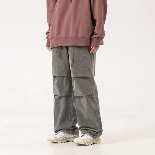 直筒宽松休闲裤 裤 男女同款 长裤 复古百搭户外 潮牌男式 褶皱美式 工装
